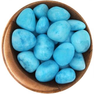 Bowl of tumbled Blue Aragonite. Polished very smooth, rounded shapes, mostly a vivid sky blue color