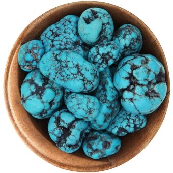 Bowl of round Blue Turquoise natural nuggets. Vivid sky blue with black matrix marbling. Turquoise is smooth, black matrix is rougher and may includes caves and grooves