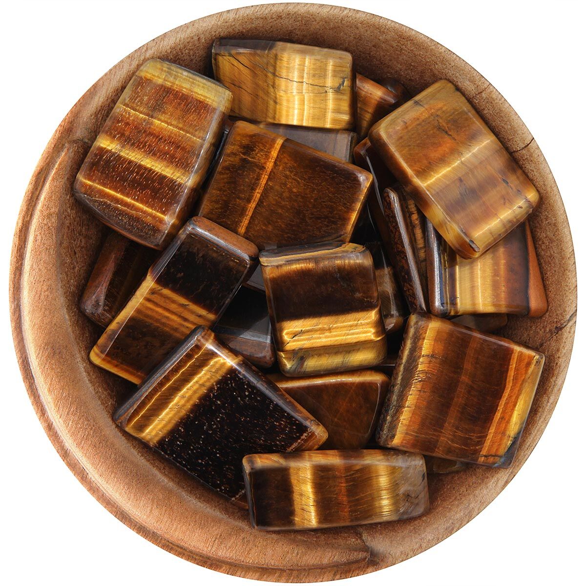 Bowl of tumbled Gold Tiger's Eye. Thin polished slices with vibrant golden-brown stripes