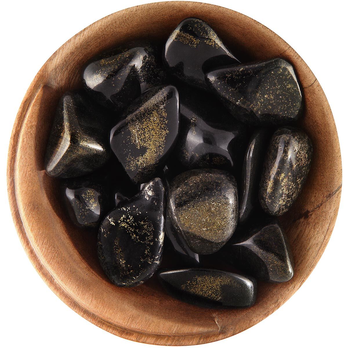 Bowl of tumbled "Lemurian" Jade. Smooth and irregularly shaped Black Jade with a beautiful sprinkle of golden pyrite.