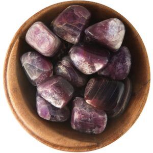 Bowl of highly iridescent tumbled Lepidolite. Irregular shapes, polished smooth, deep purple, shines pink-purple and silvery-purple