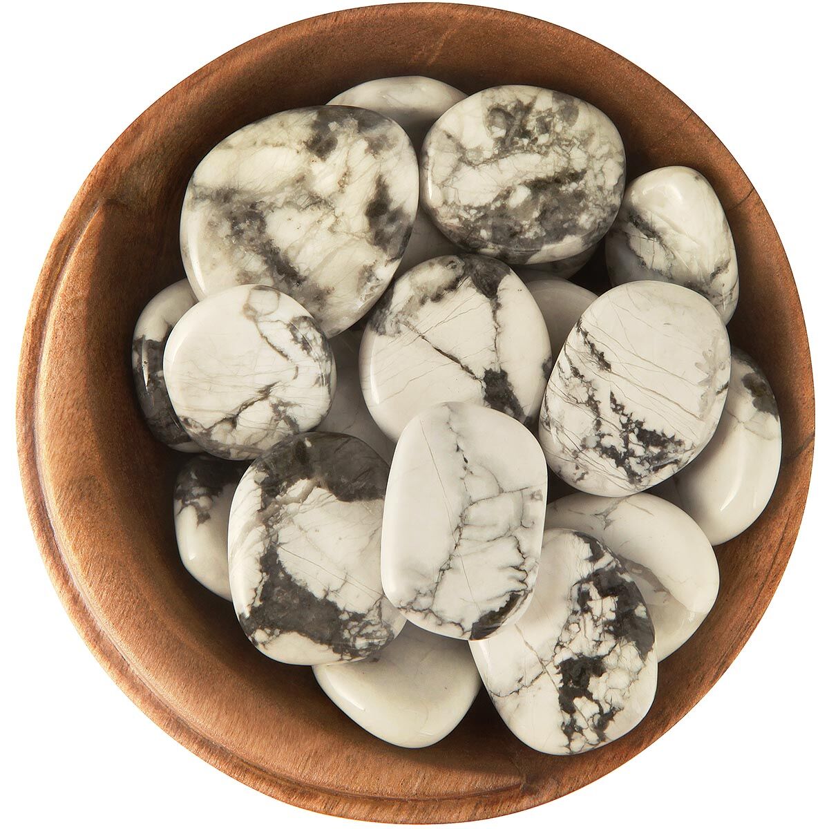 Bowl of tumbled Magnestite. Thin polished discs, mostly white with grey veins