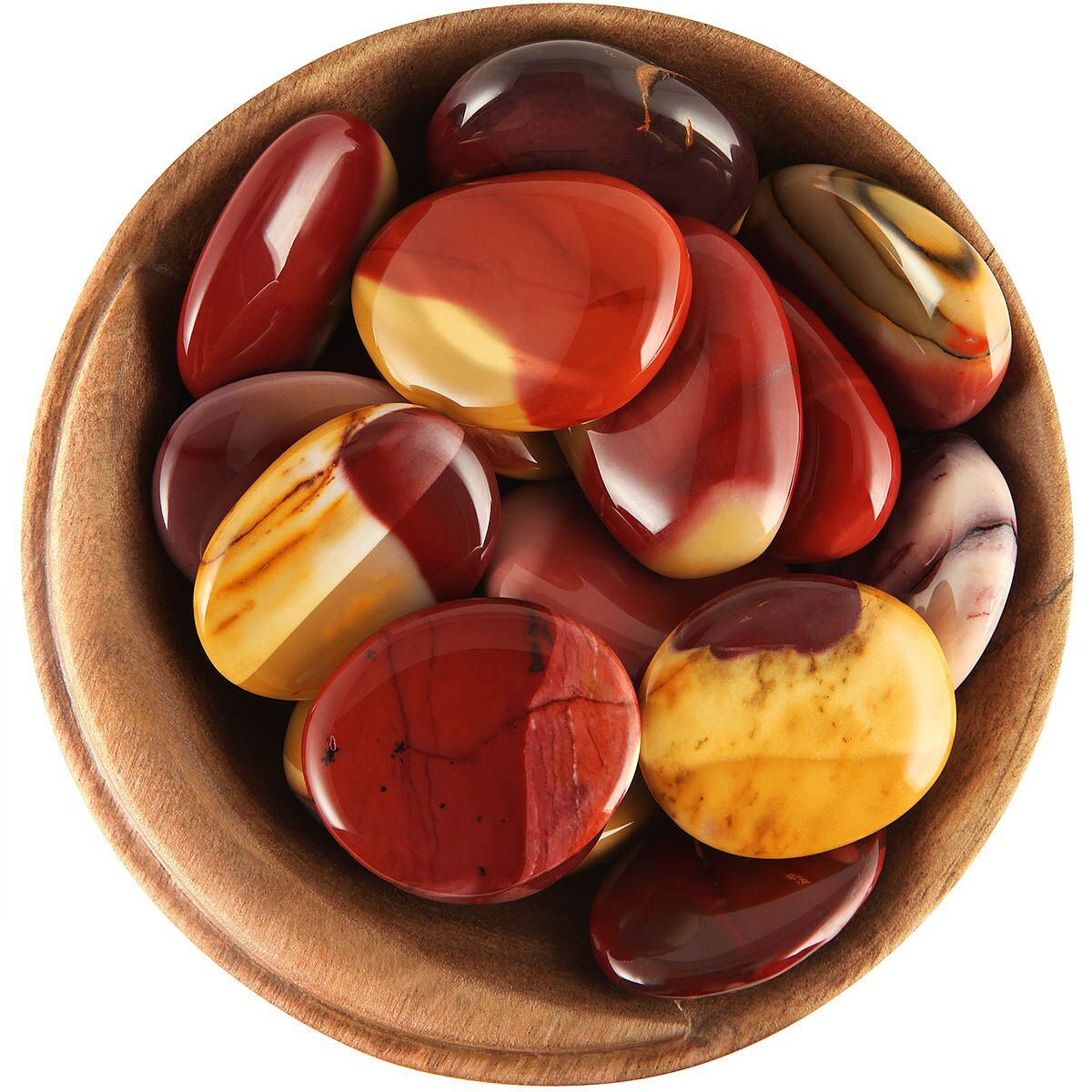 Bowl of tumbled Mookaite Jasper discs / palm stones. Smoothly polished thin ovals. Can be red, yellow, or a combination of the two