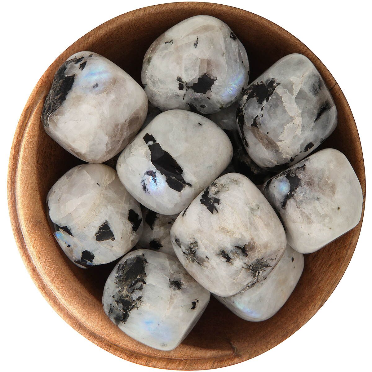 Bowl of chunky tumbled Moonstone Tourmaline. Mostly cubes with rounded edges. Primarily white with black inclusions. Many pieces have a blue flashing iridescence