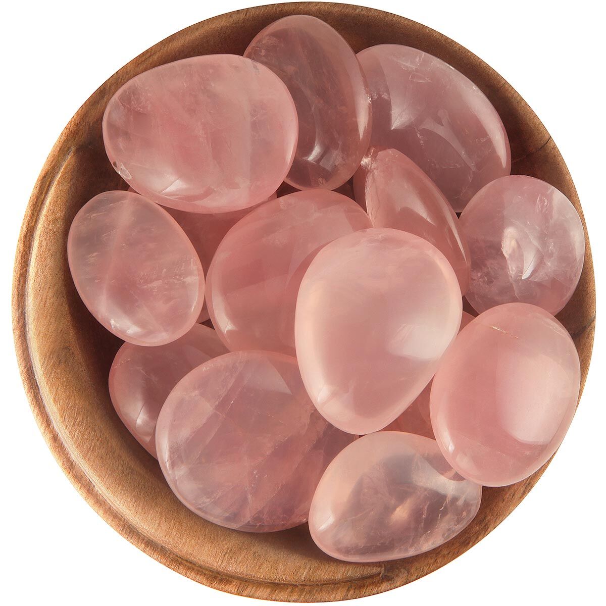 Bowl of tumbled Rose Quartz. Irregularly shaped puffy amulets, transparent pink