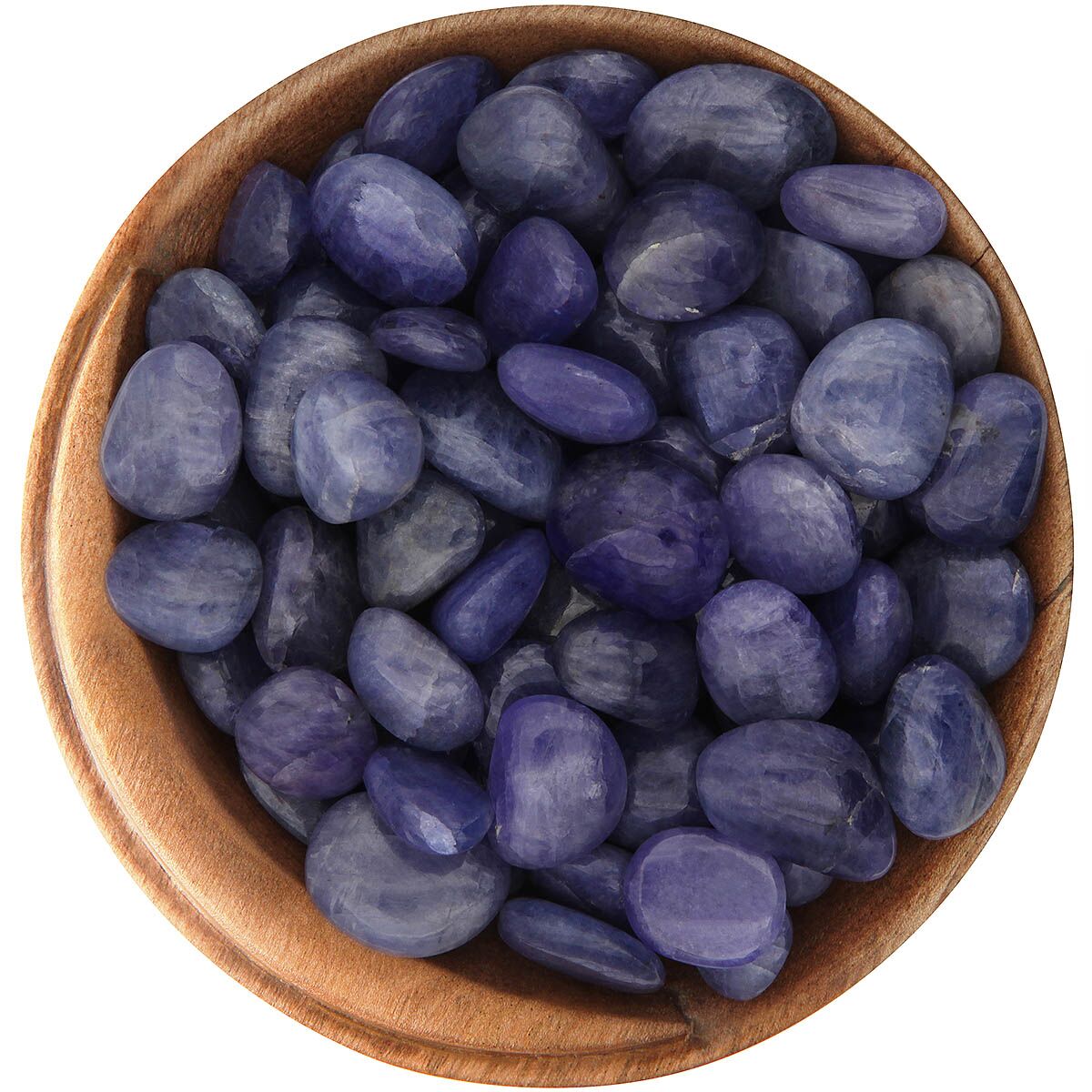 Bowl of tumbled Tanzanite. Small polished pebbles, dark blue and purple