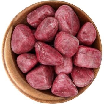 Bowl of tumbled Rhodonite. High quality, vivid pink, irregular shapes with a smooth polish