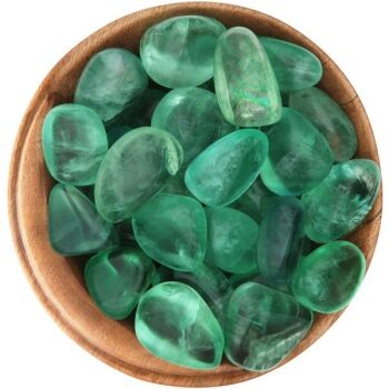 Bowl of tumble Green Fluorite. Transparent, irregular shapes, polished glass, a vibrant spring green color
