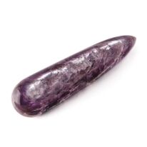 Polished Lepidoltie massage wand rounded on one side, pointed on the other. Perfectly smooth and vibrant purple