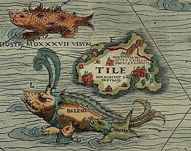 Old map showing sea monsters in the ocean and a mythical island