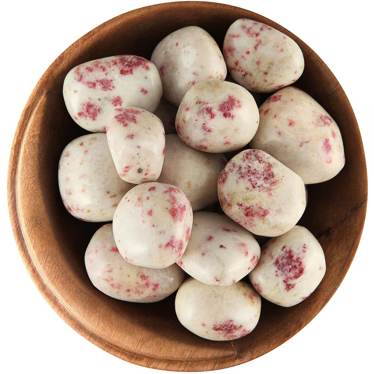 Bowl of tumbled Cinabrite, the stones are mostly white with bright pink spots