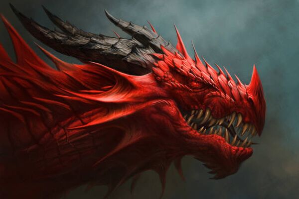 Head of a red dragon with lots of teeth