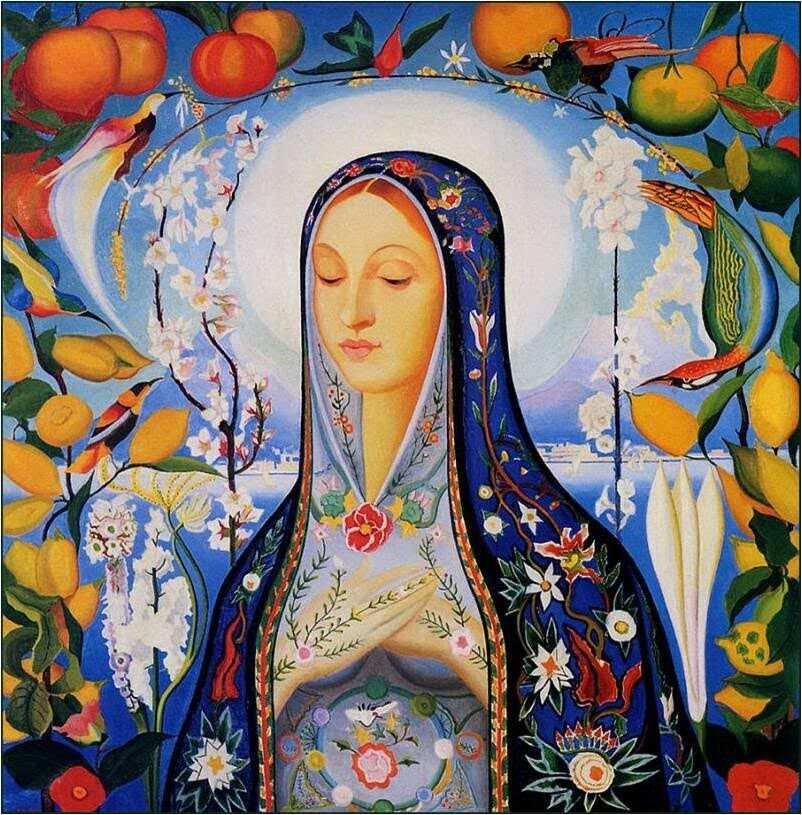 Painting of Saint Hildegard wearing a blue robe decorated with flowers, there is fruit all around her