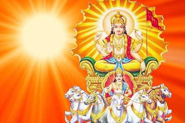 Surya riding on chariot with sun in the background